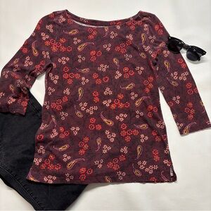 LOFT Burgundy, Three-Quarter Sleeve, Boat Neck Top, Floral and Paisley Print